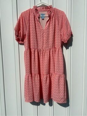 CeCe Womens M Tiered Ruffle Dress Pink Coral Geometric Puff Sleeve Split Neck